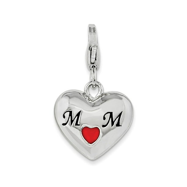 14mm x 15mm Solid 925 Sterling Silver Enameled Heart Mom with Lobster Clasp Pendant Charm 